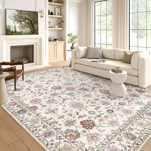 6x9 Area Rug for Living Room - Large Traditional Floral Washable Rugs for Bedroom Non-Slip Cream Stain Resistant Dining Room Rug Colorful Low-Pile Carpet Soft Vinatge Rug for Office Guest Room