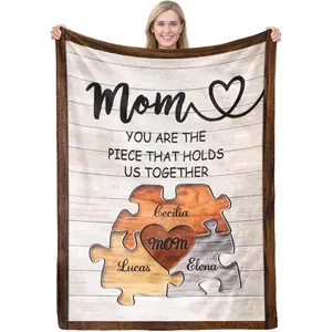 MeMoShe Personalized Christmas Blanket Gifts For Mom From Daughter Son, Mothers Day Custom Blanket With 3 Names, Customized Unique Puzzle Style For New Mom, Wife, Grandma, Daughter
