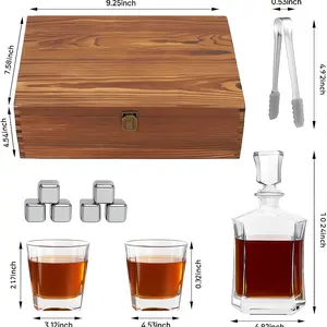 Whiskey Gentleman Set , Glasses, & Accessories in Elegant Wooden Box - MBR Design Utensils Jiggers Container Spoons Shaker Scale