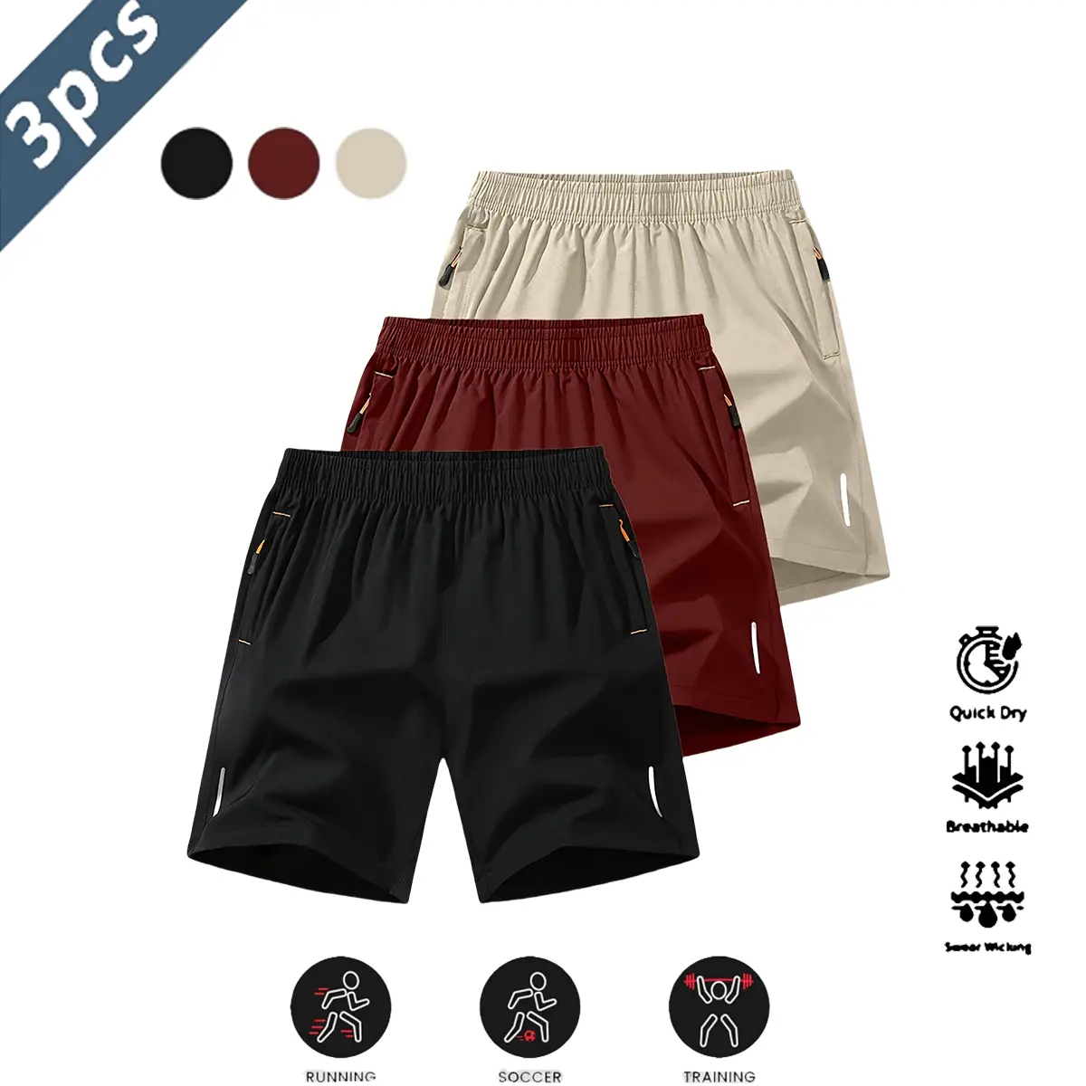 3-Pack Men's Quick-Dry Breathable Shorts Casual Sports Style Wrinkle-Resistant Textured Design Polyester Blend Solid Color Reflective Strips Suitable