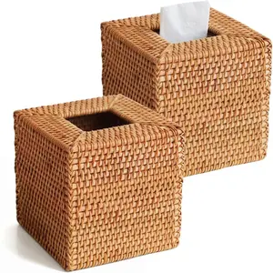 2 Pack  Rattan Tissue Box Cover, Hand Woven Square Wicker Holder for Facial Tissues, Wicker Napkin Holder Ideal for Bathroom Living Room, Tissue Holders Decorative for Kitchen Office and Desk