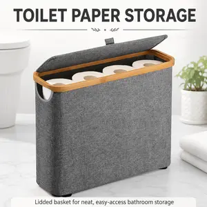 Toilet Paper Storage Basket with Lid, Free-Standing Bathroom Organizer for Mega Rolls, Foldable Tissue Holder with Handles