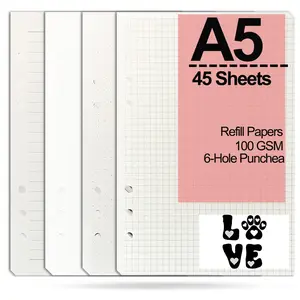 A5 Refill Paper, 6-Hole Loose Leaf Refillable Hand Account Book Refill Inner Pages Notepad Journal Refills Binder Notebook Planner Diary Journals Painting Personal Organiser Budget Planner, Each Pack 45 Sheets, 90 Pages, Gift for Valentine's Day