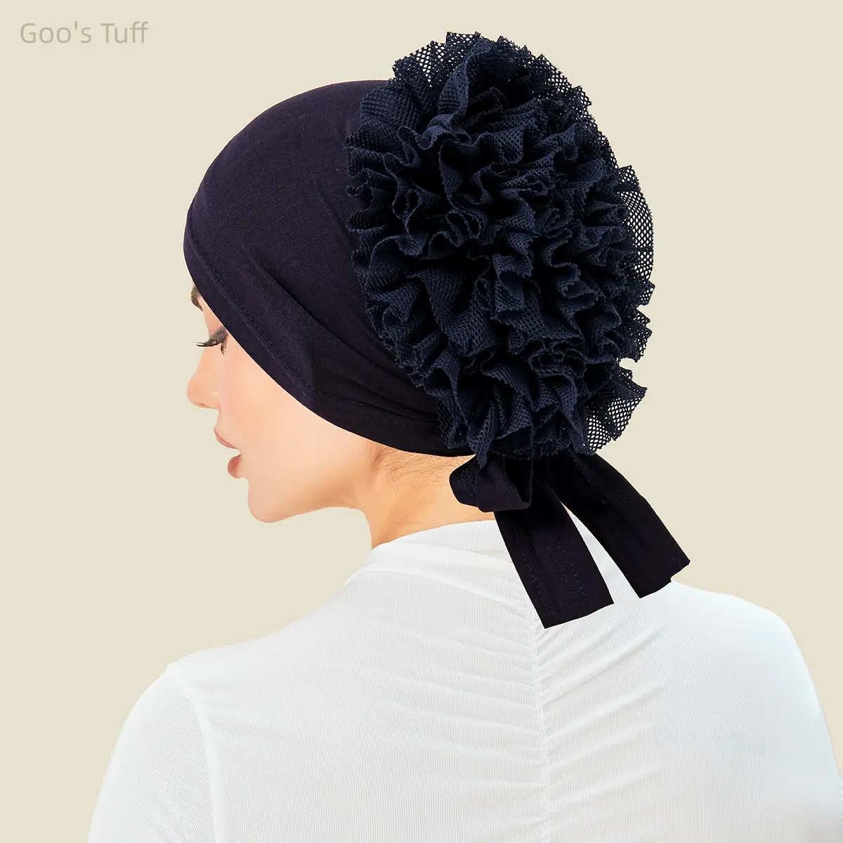 Women head wrap hats solid big floral lace ruffle applique turban breathable mercerized cotton mesh soft Indian head covering for modest daily church wear gift