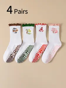Women's Grip Sports Socks, Cute Cartoon Embroidered Lace-Up Design, Professional Anti-Slip Silicone Yoga Socks, Indoor Dance Floor Socks