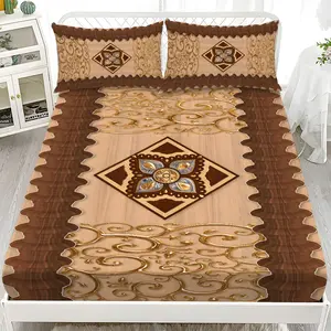 Fitted Sheet 3-Piece Set - 2D Flat Printed Brown and Gold Diamond Pattern Mattress Covers, Available in 10 Sizes (1 fitted sheet + 2 pillowcases, no insert). skin-friendly and breathable bedding, suitable for family bedrooms .
