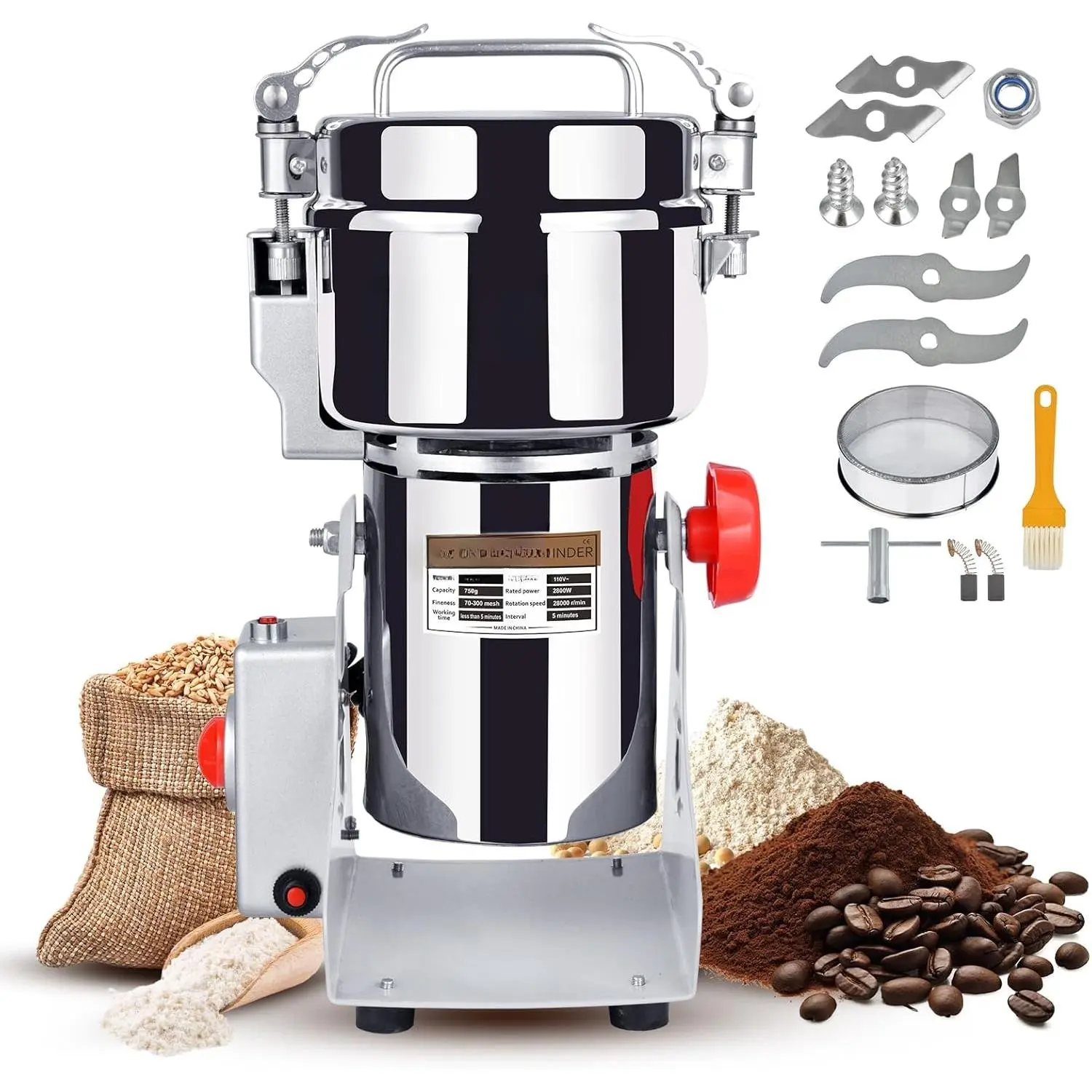 750g High-Speed Electric Grain Mill , 2800W 110V Stainless Steel Flour Mill Makes Gluten Free Flours, Grain Mill for Home and Commercial Use
