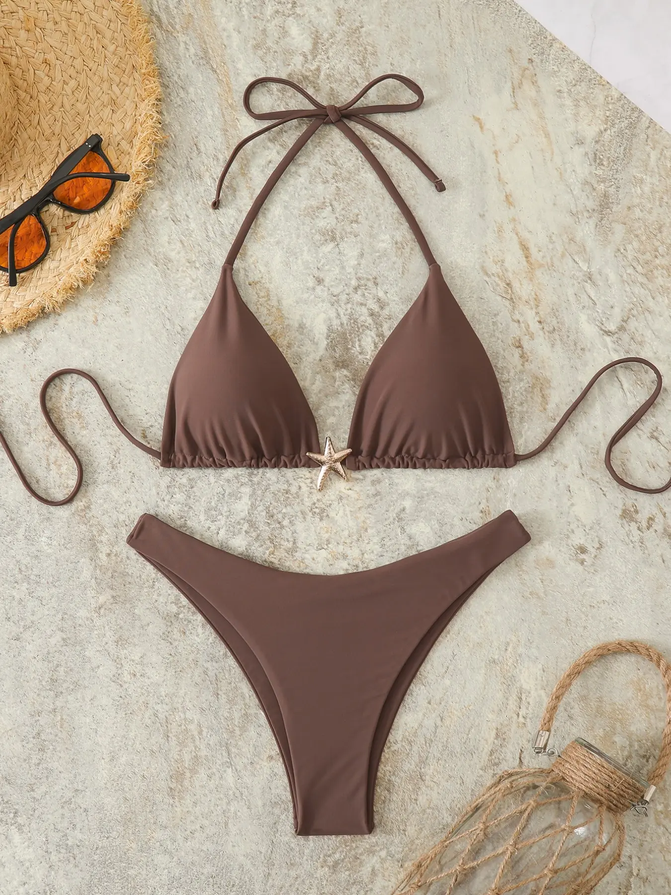 Women's Solid Color Star Metal Accessory Sexy Solid Ruched Bikini Two-Piece Swimsuit, Plain Style, All Seasons, Summer Swimsuit Set, Bikinis Set, No Ca Prop 65 Warning, Ruched Swim Suits, Bikini Swimwear Set, Bikini Sets