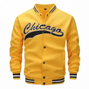Men's Chicago Letter Print Baseball Jacket,Casual Button Up Varsity Coat,Retro Streetwear Bomber Jacket,Oversized Windbreaker For Spring Fall,Brown/Yellow