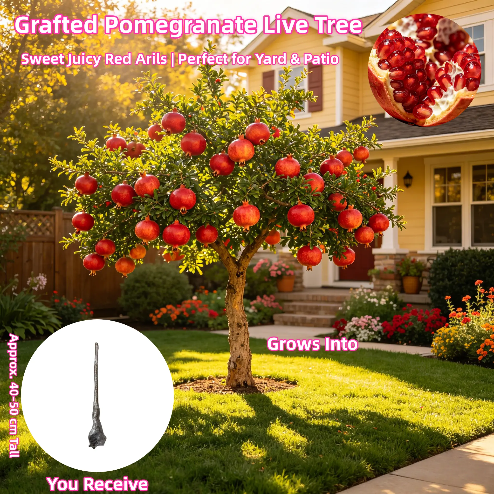 Pomegranate Tree Seedling - 3-5 Year Old Bare Root， 15-20 inches Tall Dormant Live Plant for Home Garden