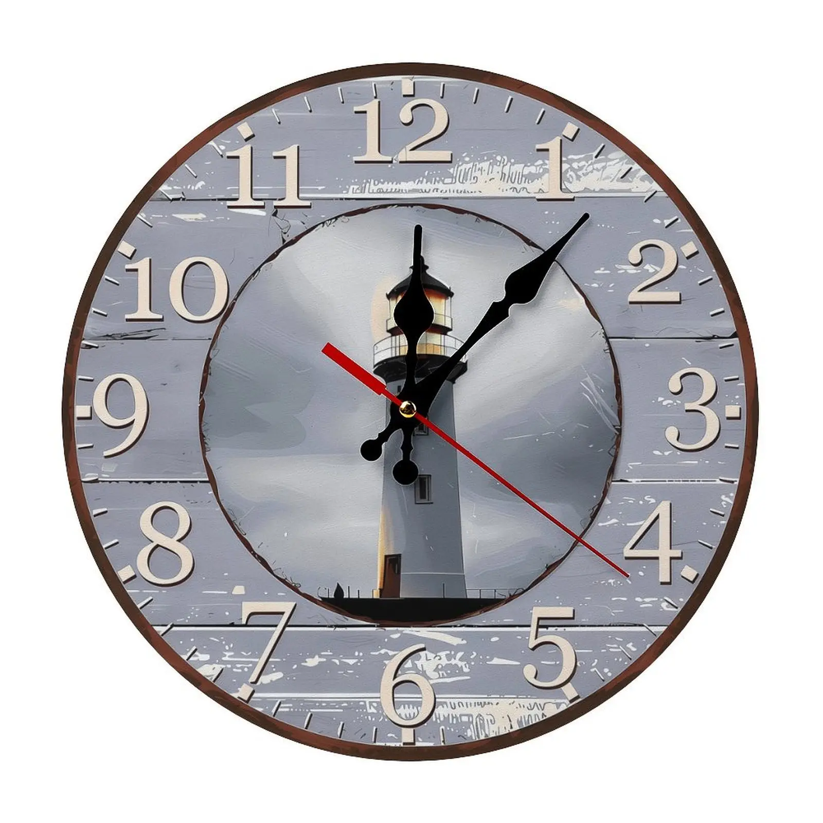 Vintage Wood Lighthouse Wall Clock - 10/12 in Retro-Inspired Quiet Rustic Wall-Mounted Decor, Silent Sweep Movement, Coastal Maritime Design, Battery Not Included, Ideal for Sunroom, Home Office, Retro-Inspired Wall Clocks
