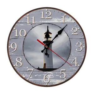 12 Inch Vintage Wood Lighthouse Wall Clock| Silent Sweep Movement Coastal Maritime Design, Battery Not Included, Ideal for Sunroom, Vacation Rental, Home Office