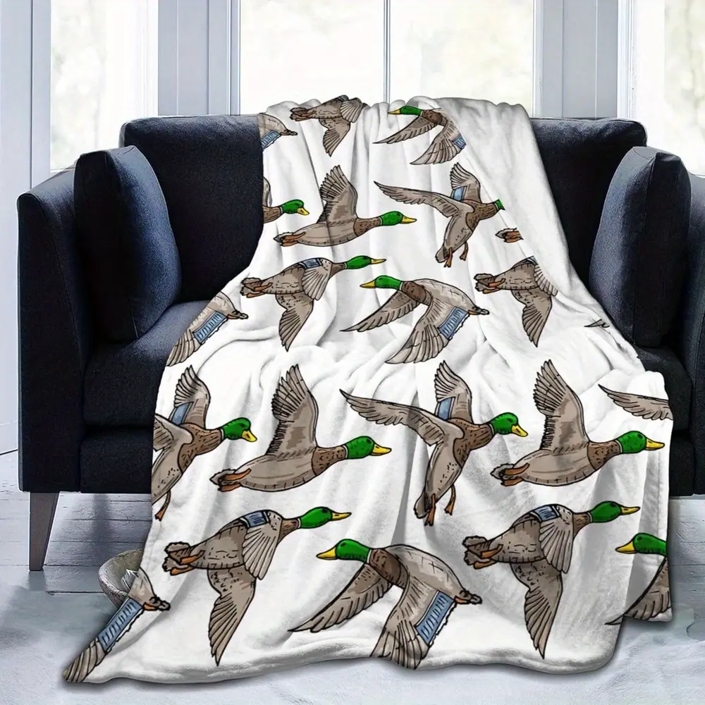 Cute Mallard Duck Figure Print Flannel Blanket - 280GSM Soft, 50in x 40in Small Throw, Lightweight Fluffy, for Bed/Sofa, Decorative Giftable Blankets for Duck Lovers