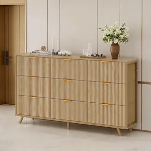 Fluted Dresser for Bedroom with 9 Drawers, 57" Wide Mid Century Modern Dresser, Tall Boho Chest of Drawers, Large Wood Accent Storage Cabinet for Living Room, Curved Profile Design 9 Drawer Fluted Wide Dresser, Bedroom Storage Chest for Closet summerwins