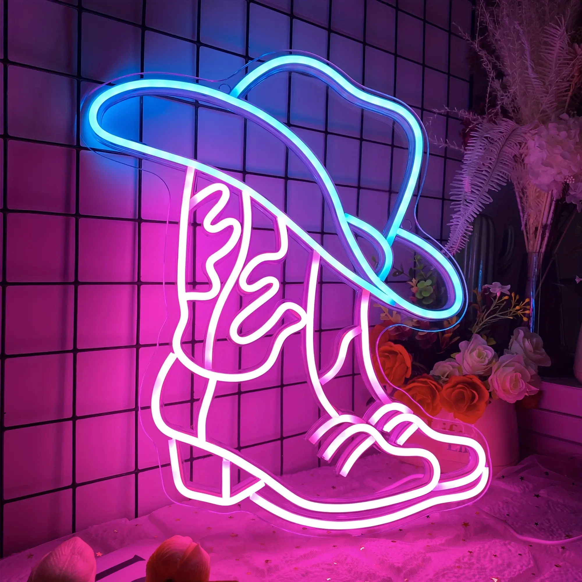 Contemporary Cowboy Hat-Boot Logo Plastic LED Neon Light - Neon Bar Sign, USB Powered, Easy to Install, Multi-Purpose Home & Christmas Party Decoration for Family Bedrooms, Living Rooms