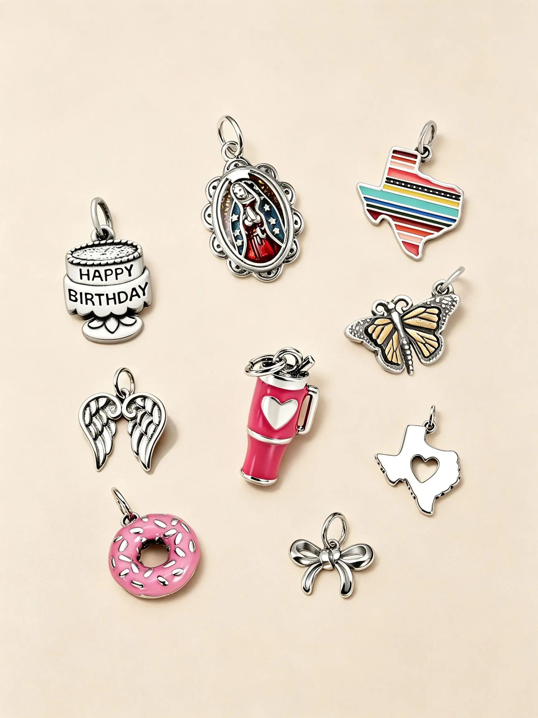 Silver Plated Dangle Charms Set - Texas Map, Butterfly, Donut, Birthday Cake, Angel Wings, Bow, Virgin Mary, Tumbler Pendants for DIY Bracelet Necklace Jewelry Making, Women’s Gift