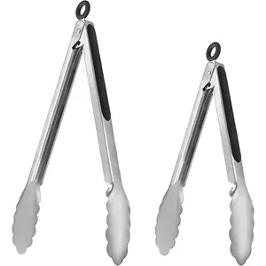 Metal Cooking Tongs,Stainless Steel  Tong with No-slip Silicon and Locking Ring for Kitchen - 9 &12 inch,Set of 2-Black