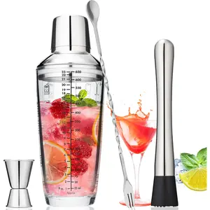 Tiawudi 23Oz Glass Cocktail Shaker Set, 4PCS Bartender Kit, Martini Mixer Shaker with Built-In Strainer, Measuring Jigger, Cocktail Muddler & Mixing Spoon, Bar Tool Set for Bartender and Home Use Tiawudi
