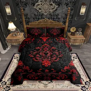 Feelyou Black Red Gothic Breathable Microfiber Digital Print Bedding Set - Vintage Boho Damask Floral, Victorian Baroque Design, Multi-Size for Adults