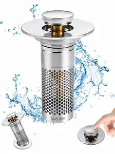 2/1 PCS Modern Stainless Steel Pop-Up Bathroom Sink Drain Strainer, Anti-Odor Wash Basin Stopper with Brass Bouncing Core & Hair Catcher Basket, Universal Drain Plug for US Bathroom Sinks, Bathtubs, Showers & Floor Drains for Home Use