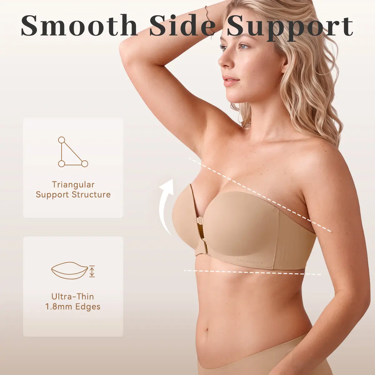 LUCKMEEY Womens Strapless Front Closure Bra Push Up Lift Bra Padded Add Cup Non Slip Anti-Slip Grip & Removable Straps Fit Outfits Wireless Supportive Seamless Comfortable