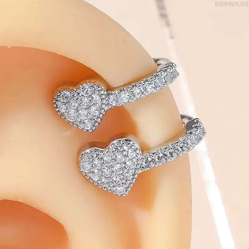 Ladies' Non-Piercing Sparkling CZ Stones Earcuff - Zirconia Inlaid Heart Clip-On Earrings, Dainty Fashion Jewelry for Daily Casual & Fancy Party Wear, Sparkling Ear Jewelry, Cz Stones Earrings, Push Clip Mechanism Earrings
