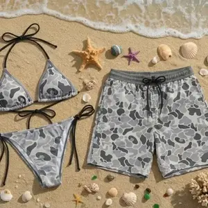 Grey Camo Couples Swimwear Set – Aesthetic Triangle Bikini & Matching Swim Trunks, Trendy Summer Beach Party Outfit, Lightweight Comfortable Vacation Wear
