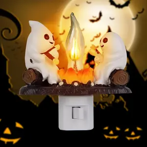 Easter Gift Ghost Campfire Flickering Night Light, 3D Small Electric Faux Campfire Night Light,Ghosts Campfire Flicker Flame Nightlight, 5in LED Campfire Night Lights Funny Halloween Decor