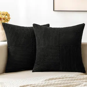 Black Decorative Throw Pillow Covers 18x18 Inch Pack of 2 for Couch Bed Sofa, Boho Farmhouse Soft Cross Corduroy Patchwork Textured Cushion Cases