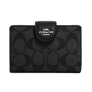 COACH Corner Zip 13 Mini Wallet with Signature Monogram and Carriage Logo in Khaki and Black for Women