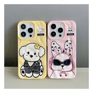 Puppy & Rabbit Pattern Meteor Texture iPhone Case , Anti-Drop Soft Silicone Phone Cover, Simple Design for iPhone 11 12 13 14 15 16 17 Pro Max Plus Air , Cute Macaron Color