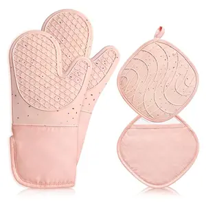 4Pcs Pink Oven Mits, Heat Resistant, Non-Slip Grip Pattern, Baking Gloves for Oven, Kitchen Pot Holders