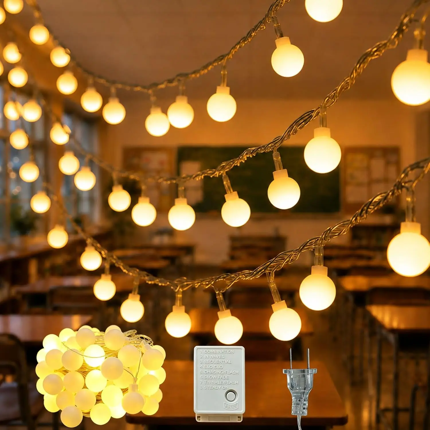 33Ft 100 LED String Lights for Classroom Back to School Decor |   Connectable Warm White Globe Classroom Lights, 8 Modes Plug Hanging Fairy Lights for First Day of School Party Decor