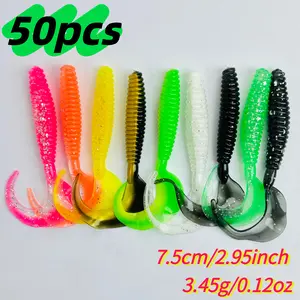 50pcs Long Tail Fishing Lure 7.5cm Soft PVC Bionic Swimbait Wobbler with Curl Tail Action Multi-Color Pink Green Yellow White Black Saltwater Freshwater Bass Baits Realistic Wobble Lifelike Movement Flexible Bait