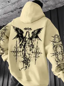 Gothic Style Dark Angel Wings Print Men's Hoodie, Soft Stretch Knit Fabric, Casual Fitted Daily Wear, All Seasons Fashion
