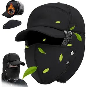 Unisex Windproof & Warm & Ear Protection & Face Protection Hat Mens Winter Thermal Faux Fur Lined Trapper Hat Cycling Mask Chin Strap Adjustable One Size Faux Fur One Size