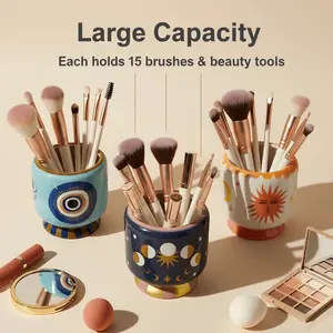 Bohemian Style Evil Eye Ceramic Storage Jar, Sun Moon Star Pattern, Desktop Pen Holder, Makeup Brush Organizer, Home Decor