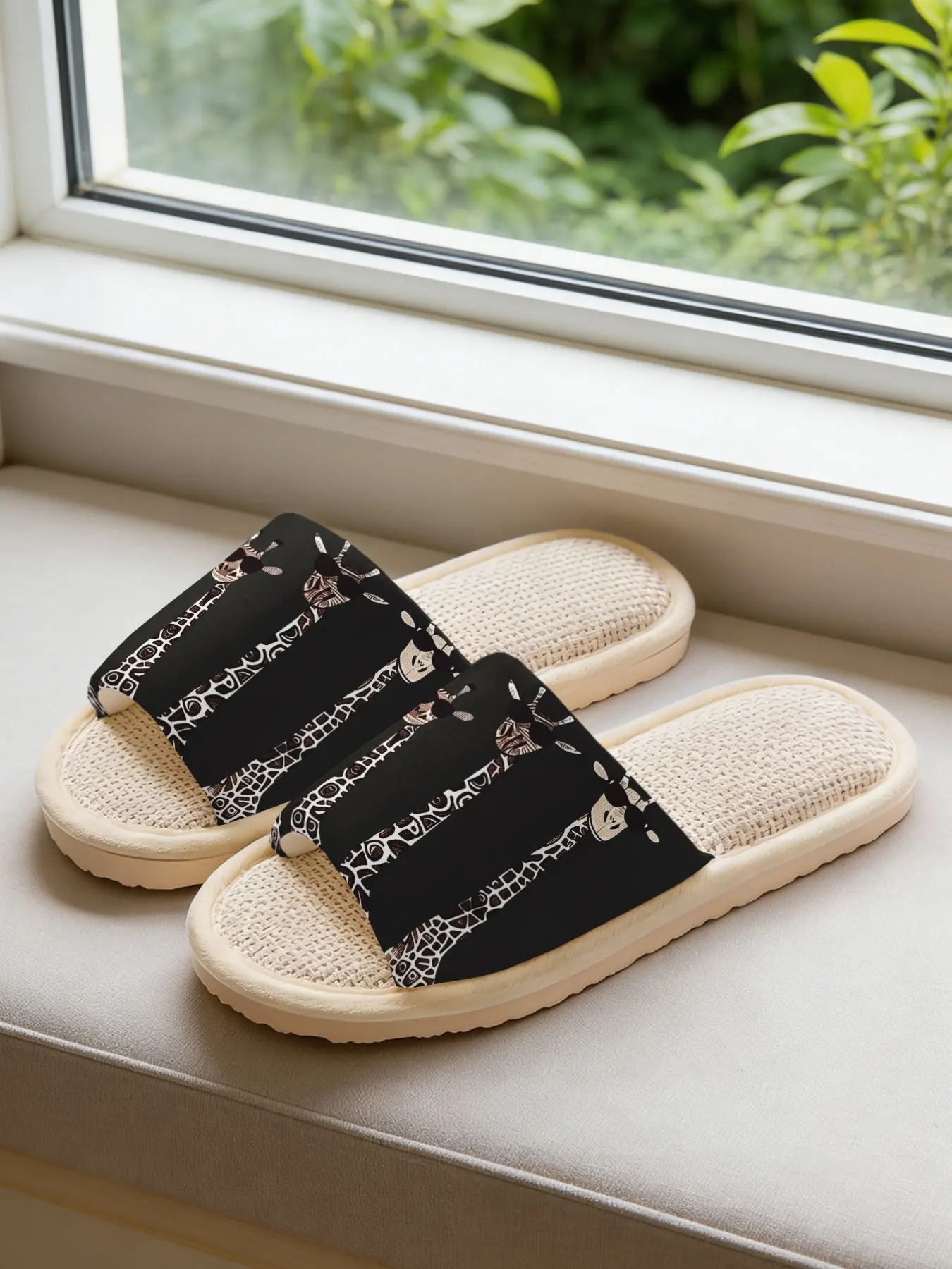 Unisex Geometric Giraffe Print Linen Slippers, Breathable Sweat-Wicking Eva Sole, Non-Slip Quiet Home Shoes for All Seasons