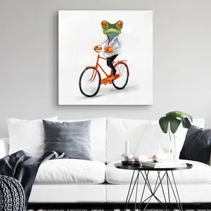 360 stand Funny Frog Riding a Bike Canvas Wall Artwork, 32x32 in. Scenic Animal Print, Home Decor for Nursery, Ideal Gift