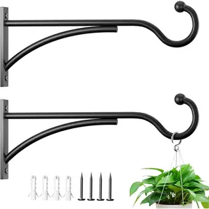 2 Pack Heavy Duty Plant Hangers Outdoor, Metal Plant Brackets for Hanging Baskets, Plant Wall Hooks for Bird Feeders, Wind Chimes & Lanterns, Metal Hooks Matte Black, 30lbs Capacity