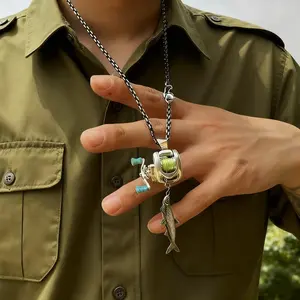 Fishing Reel Necklace, Rotating Handle Swirling Pendant Keychain, Backpack Charm, Keychain for Fishermen`