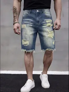 Men's Distressed Denim Shorts Summer Vintage Wash Five-Quarter Pants American High Street Faded Graffiti Streetwear Casual Shorts