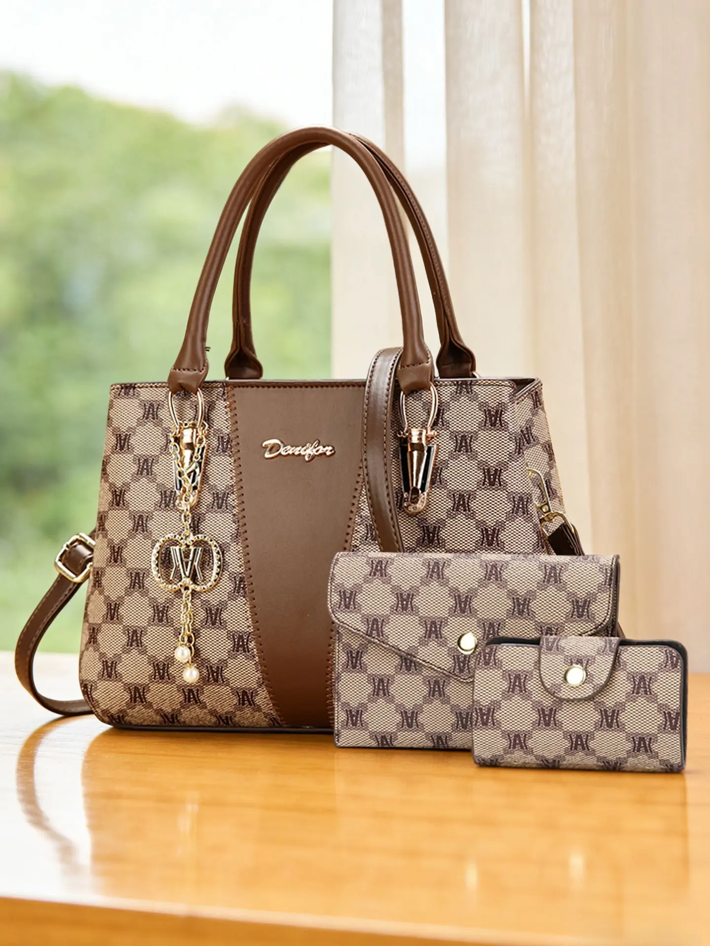 Women's Classic Letter Print Handbag Set, Adjustable Shoulder Strap, Metal Buckle, Elegant Multi-Layer Large Capacity Crossbody Bag