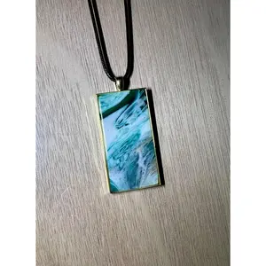 Green, Blue, and Gold Large Rectangle Resin Pendant Necklace