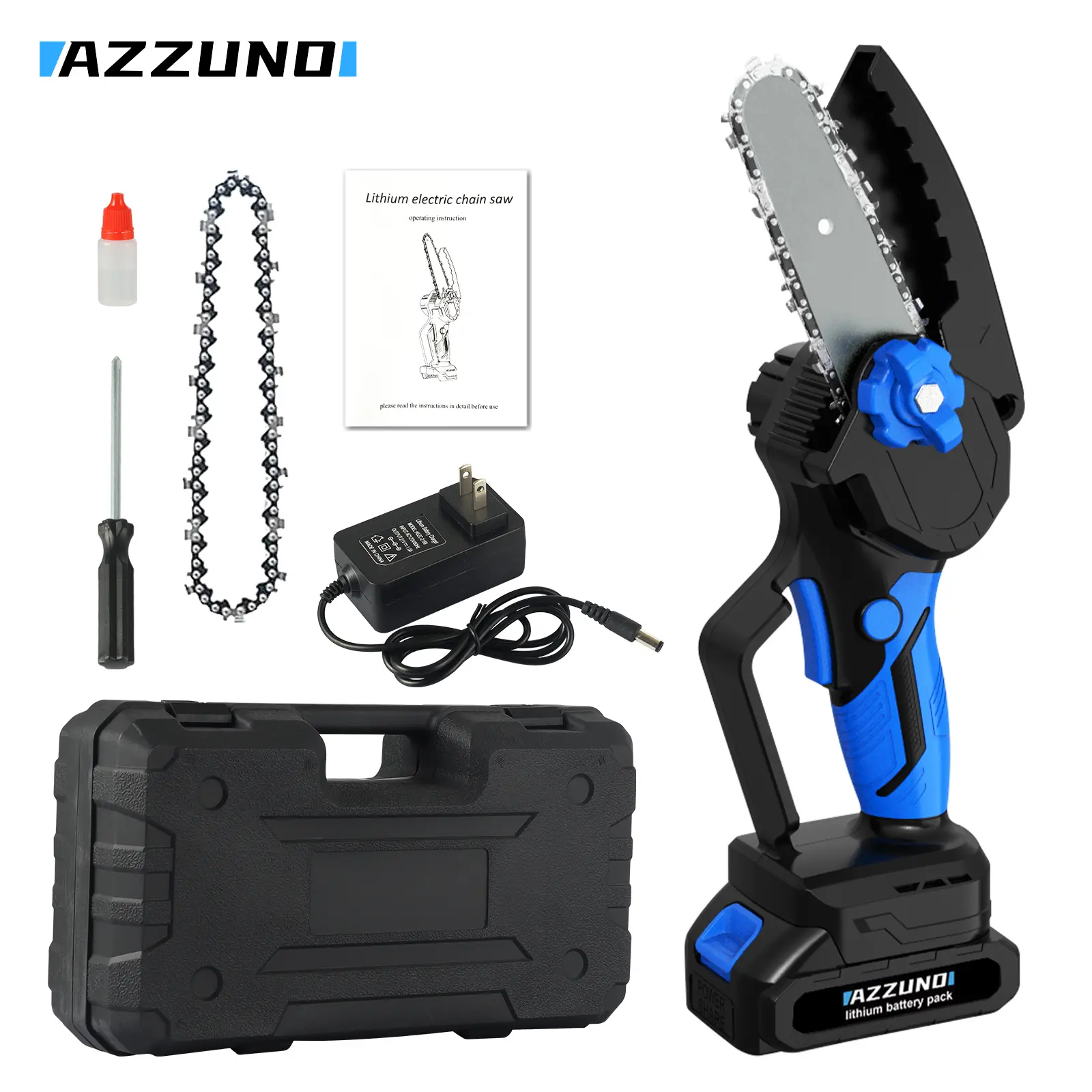 AZZUNO 4-in Wireless Mini Chainsaw - Handheld Electric Chainsaw with Handheld Grip, Wireless Power for Tree Pruning, Wood Cutting
