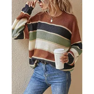Women's striped color blocked pullover for autumn and winter casual round neck long sleeved loose off shoulder knitted top knitted women's knitted round neck