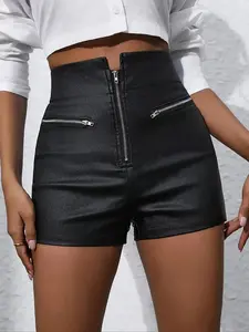 Women's Solid Zipper Design Shorts, Fashion Casual High Waist for Daily Outdoor Wear, Ladies Bottoms Summer, Fitted, Versatile, Comfort, Style, Outfit, Essential, Trendy, Chic, Elegant, Classy, Modern