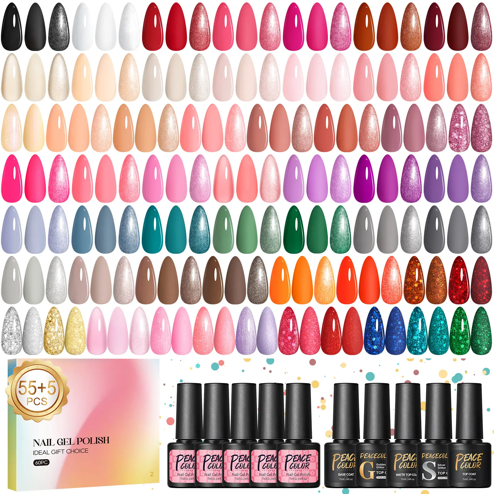 PEACECOLOR Gel Nail Polish Kit, 5Pcs Manicure Set with Glossy-Matte-Glitter Top/Base Coats, Soak-Off UV Lamp, Neon Golden Blush Pink White Shades, Cosmetic Nail Art Kit Gift for Women (Spring Summer Fall Use), Daily Wear, 60-Pieces, Gel X At Home, Easy Na