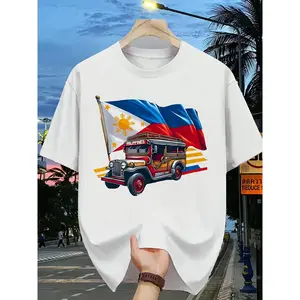 Filipino Jeepney & Flag Graphic Men'S Soft Breathable Shirt | Black Crew Neck, Casual Wear, Humor Clothing, T-shirt, Comfortable Material, Short Sleeve Top, All-season, Vintage Style, Regular Fit