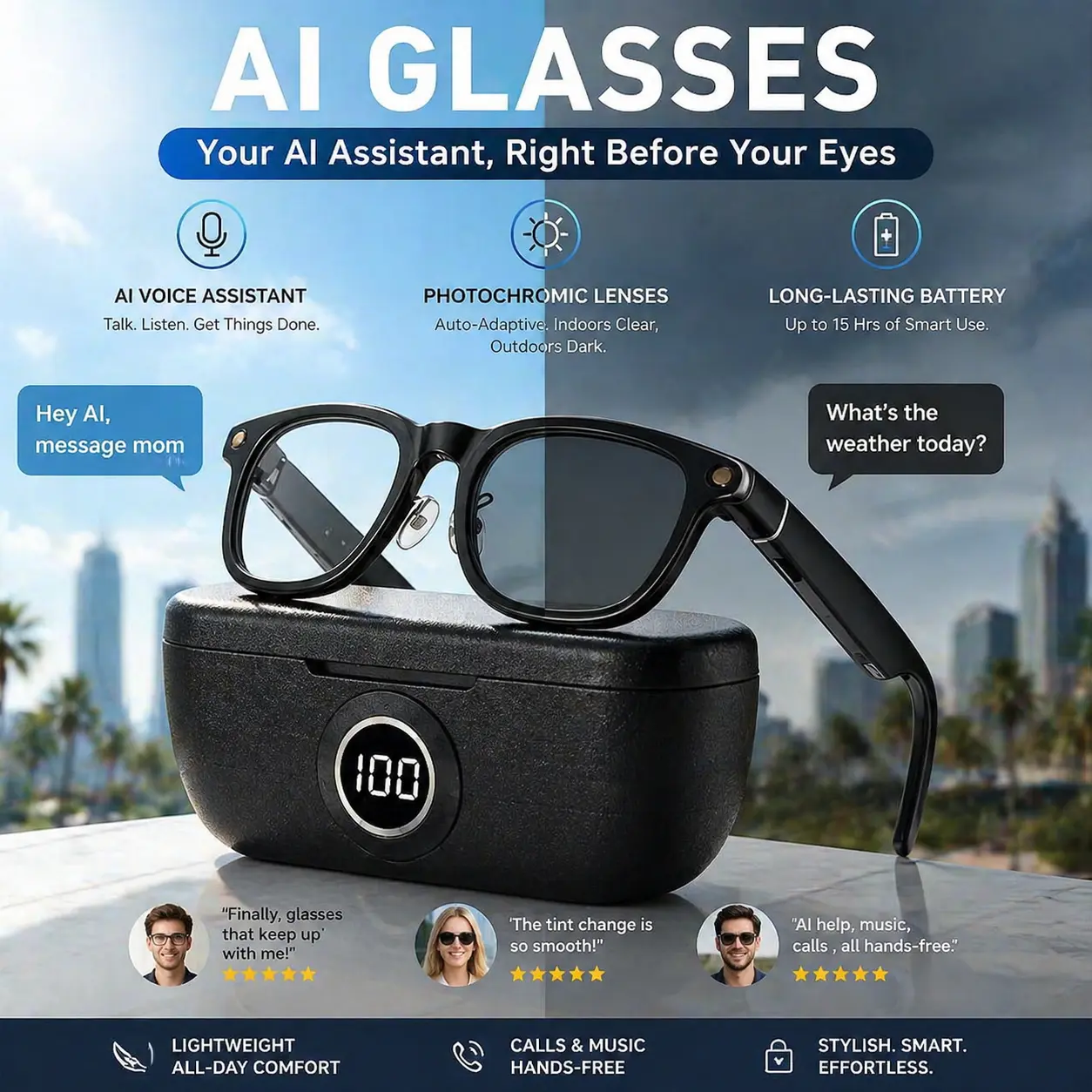 [Summervibes] Coucur G1 AI 2026 Smart Glasses with Charging Case, 8MP HD Camera Glasses for Men Women, 1200P Video Recording, Open-Ear Bluetooth Glasses for Audio with AI Translation/Voice Control